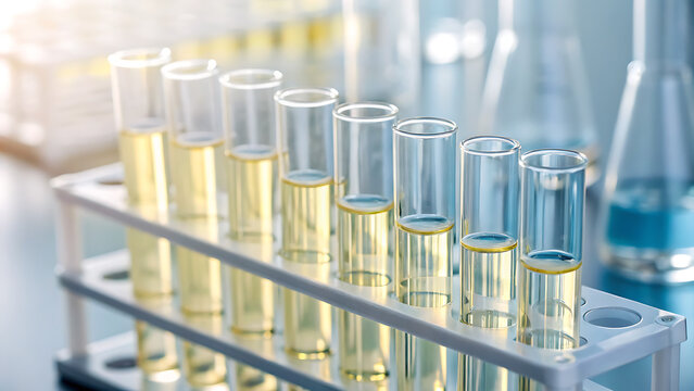 Row of test tubes filled with yellow liquid in a laboratory rack under bright lighting