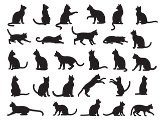 A complete collection of cat silhouettes in different playful, sitting, walking, and crouching positions. Perfect for pet themes, design assets, or animal vector illustrations.