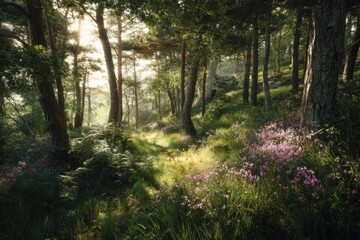 Obraz premium Serene woodland landscape showcasing light breaking through verdant leaves and colorful blossoms in an untouched environment