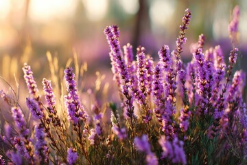 Obraz premium Vivid purple flowers basking in warm sunset light within a peaceful meadow environment, perfect for nature enthusiasts and floral art lovers