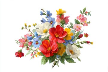 Vibrant wildflower bouquet design on light background, perfect for wedding invitations and greeting cards, tailored for nature enthusiasts and floral design fans