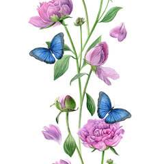 Seamless border with pink peonies and blue butterflies. Watercolor summer flowers isolated on a white background. Good for wallpaper, fabric and greeting cards.