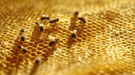 Close-up of a honeycomb structure with bees, showcasing golden tones and intricate natural details in macro perspective.
