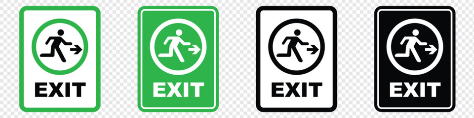 Emergency exit sign set. Man running out fire exit. Running man and exit door sign. Escape help evacuation. Safety vector symbol.