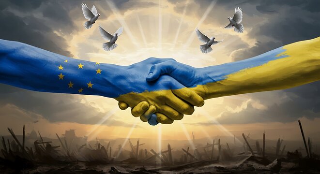 EU and Ukraine handshake symbolizes hope and peace amidst conflict