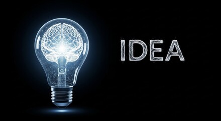 Conceptual illustration of a glowing light bulb containing a brain inside, symbolizing the fusion of human intelligence and idea, brainstorming, thinking