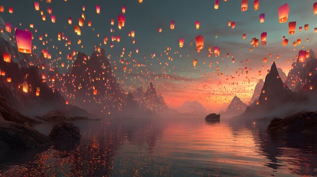 Many glowing lanterns float over a serene mountain lake at sunset.