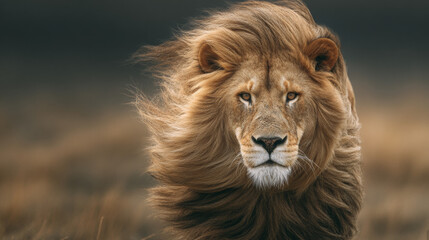 Majestic Lion With Windblown Mane Walking Toward Camera