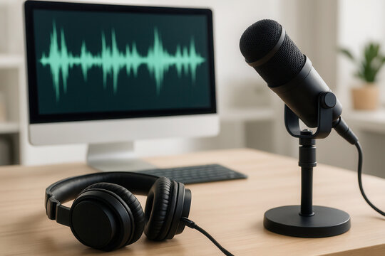 Podcast studio setup with microphone, headphones, and waveform displayed on computer