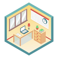 Isometric Illustration of a Modern Home Office Room with Desk and Laptop workspace