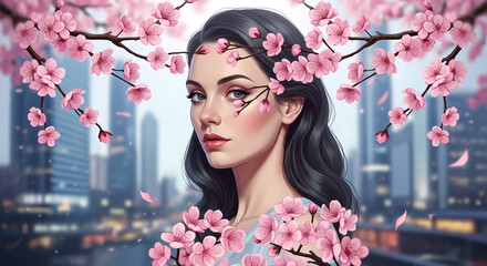 Digital Art Portrait of Woman with Pink Cherry Blossoms and Cityscape Background