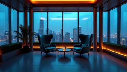 Cityscape View from High Rise Apartment Modern Interior Design Urban Living Space