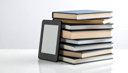 E-readers on a clean table with various textbook in a bright, modern setting