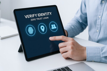 Verify identity screen on digital tablet with biometric fingerprint, location, and user icons, showing secure zero trust login concept with person interacting on device