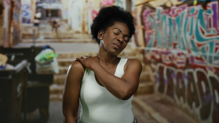 Woman stretching in urban street with graffiti, wearing white tank top, appearing thoughtful,...