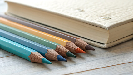 A collection of colored pencils arranged next to a closed book on a wooden surface