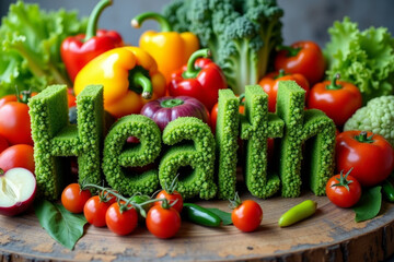 Word health on fresh vegetables background on wooden table, promoting a healthy lifestyle. AI