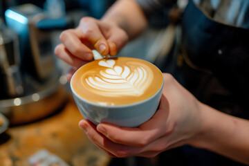 Pouring coffee into cup with man holding cup closeup in kitchen