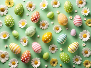 Colorful easter eggs and daisy flowers on green background for spring holiday celebration