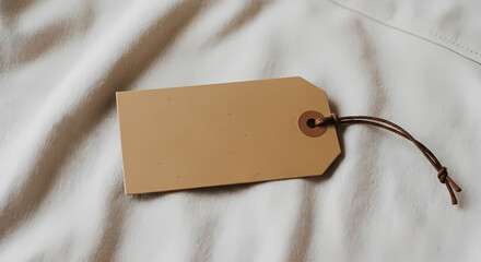 Close-up of a Small Rectangular Kraft Tag on Wrinkled Cotton Fabric