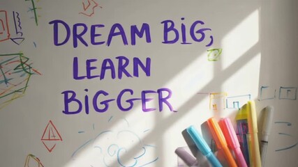 Colorful markers on a whiteboard with motivational text in a bright classroom setting - Powered by Adobe