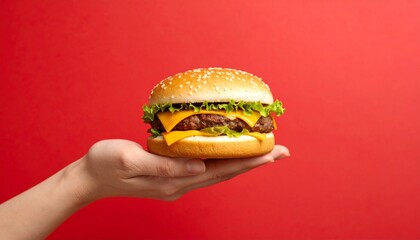 Hand Holding Delicious Cheeseburger on Red Background