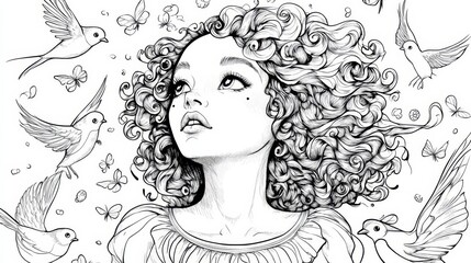 "Simple black and white line art of a princess with curly hair surrounded by singing birds, perfect for a kids' coloring book."