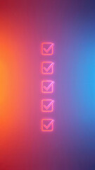 Five Neon Check Marks on a Vibrant Gradient Background Signifying Task Completion and Digital Confirmation Process