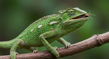 Fototapeta premium Chameleon extending its tongue to catch an insect, extreme close-up with blurred jungle background.