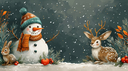 Snowman, deer, rabbit in snowy woods, winter holiday scene