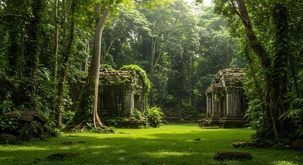 Ancient Jungle Ruins Bathed in Golden Sunlight