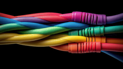 Colorful twisted cables in vibrant hues of red, blue, green, yellow, and purple, creating a visually striking pattern against a dark background, showcasing technology and creativity