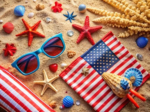 Festive patriotic beach scene with american flag, sunglasses, and starfish for summer holidays - Powered by Adobe