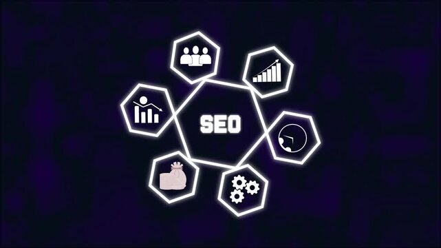 SEO optimization glowing hexagonal network, neon abstract geometric pattern, futuristic digital marketing connection design, bright white light structure on black background