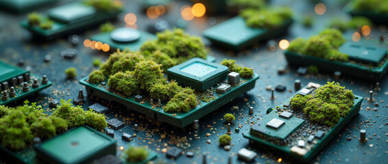 Microworlds of microchips form miniature landscapes and parks with vibrant greenery