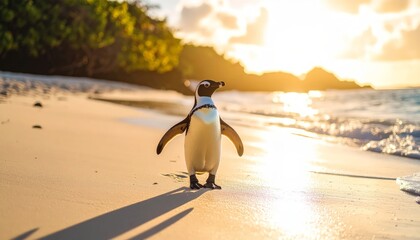 Solitary penguin on sunny beach walk.