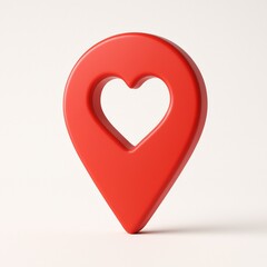 Red 3D location pin model with heart-shaped cutout on a white background ideal for navigation apps, real estate, travel and dating marketing, Valentine’s Day promotions, logistics, and branding.