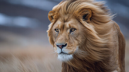 Fototapeta premium Majestic Lion with Flowing Mane in the Cold Wind