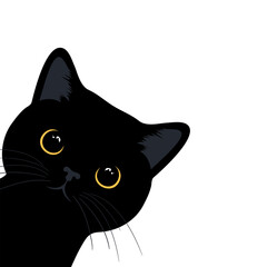 Curious cat is peeking out from around the corner. Cute black cat with big eyes. Hiding cat face. Vector illustration