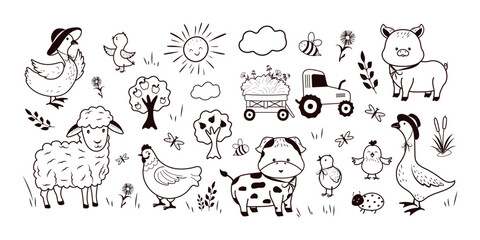 Obraz premium Set with farm animals, machinery, and plants. Vector illustration. Hand-drawn goose, duck, lamb, chickens, cow, chicken, and pig.