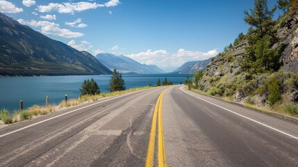 Fototapeta premium Highway Horizons: Dynamic Picture of Asphalt Highway – Smooth Black Pavement Cutting Through Green Fields and Distant Hills, Yellow Center Lines, Roadside Guardrails, and Trucks Speeding Under a Cloud