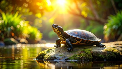 Turtle resting on rock in tropical river