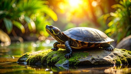 Obraz premium Turtle rests on moss rock at rivers edge