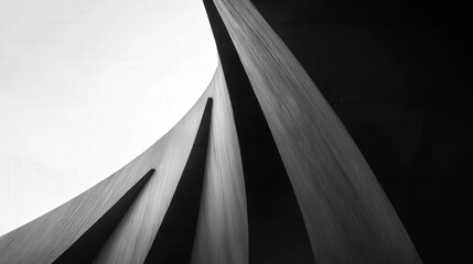 Abstract minimalist architecture in monochrome, featuring modern lines, smooth curves, and strong shadows, creating a striking graphic design.