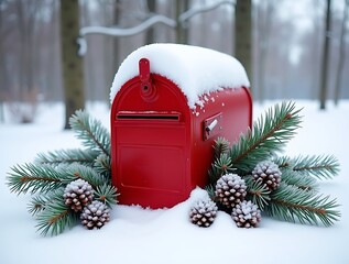 Red mailbox with snow covered pine branches and cones 1