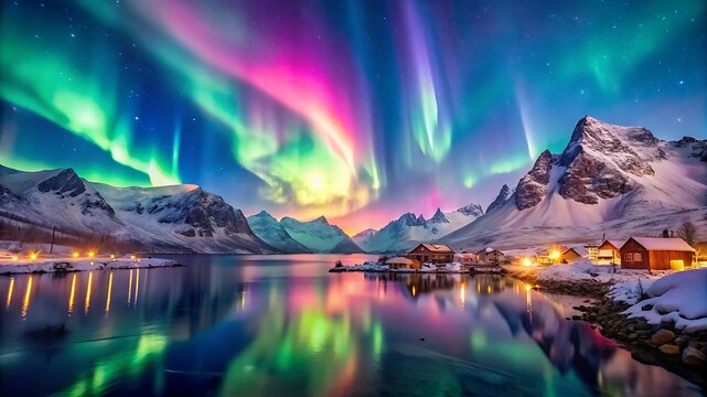 Colorful aurora borealis over snowy mountains and lake in winter night