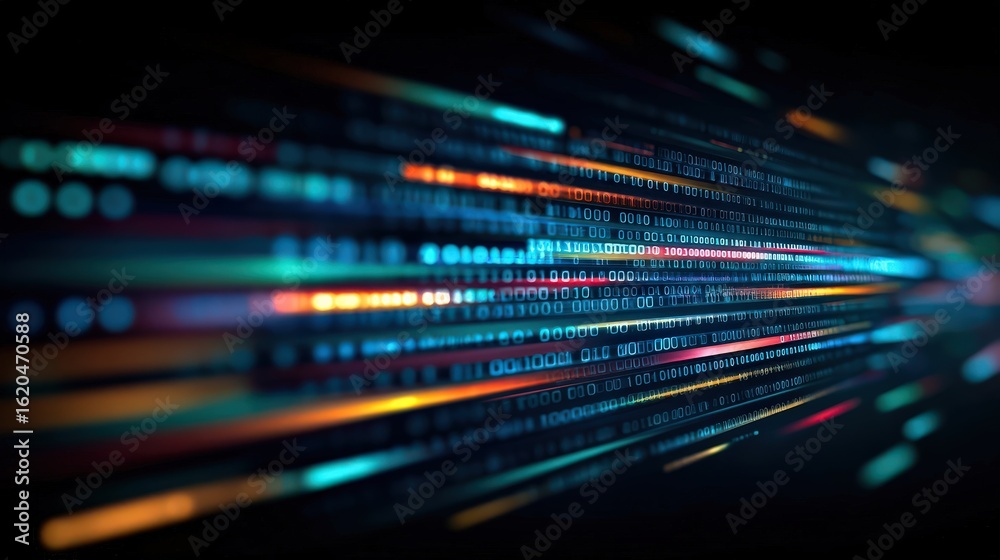 Wall mural abstract digital data stream with binary code and colorful light trails, representing modern technol