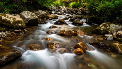 Obraz premium Fast Creek Flowing Over Rocks In Forest