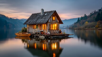 Fototapeta premium Rustic wooden houseboat on a calm lake at sunset.