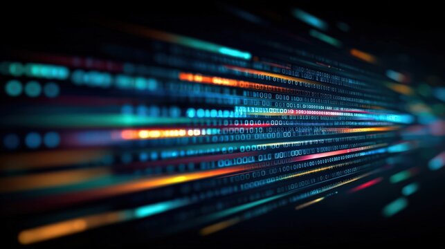 Abstract digital data stream with binary code and colorful light trails, representing modern technology, global networks, and cyber communication. - Powered by Adobe